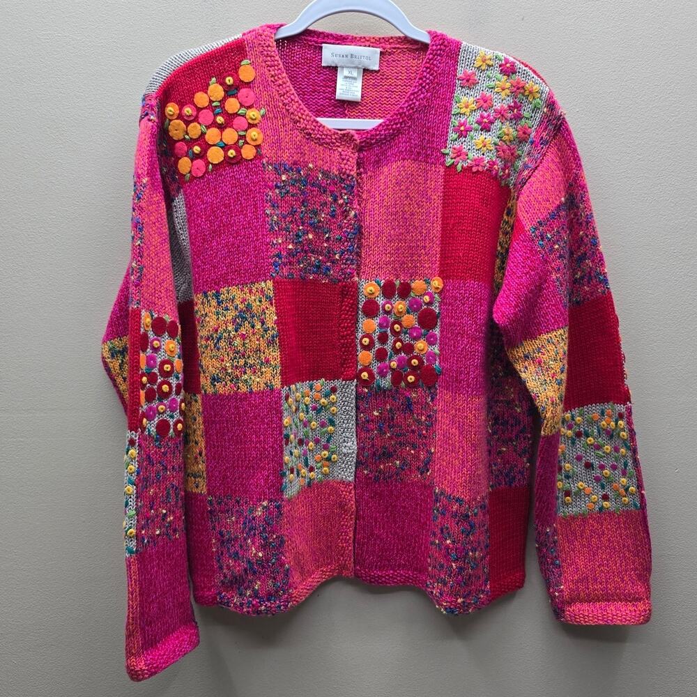 Vintage Susan Bristol Cardigan Sweater SZ XL Patchwork Y2k Boho Chic Pink Artsy
